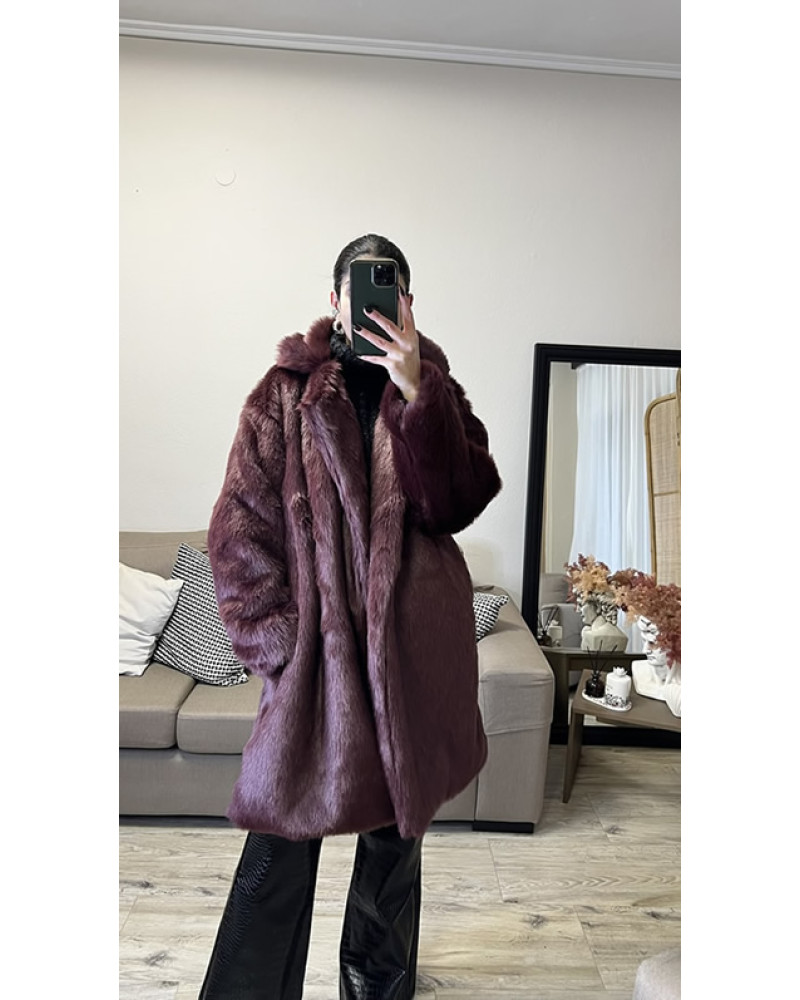 Celine burgundy faux fur coat 